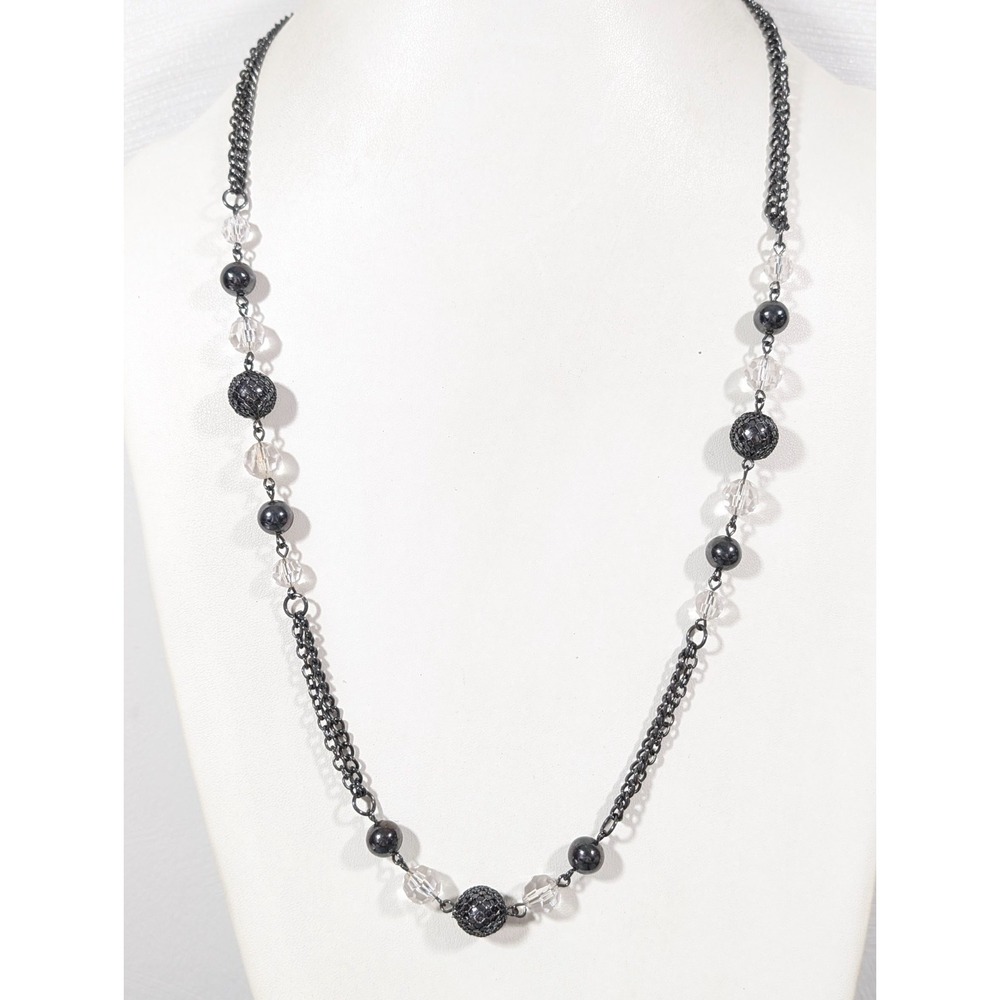 Gunmetal Black & Clear Beaded Necklace Faceted Acrylic‎ Long Layering 30 in